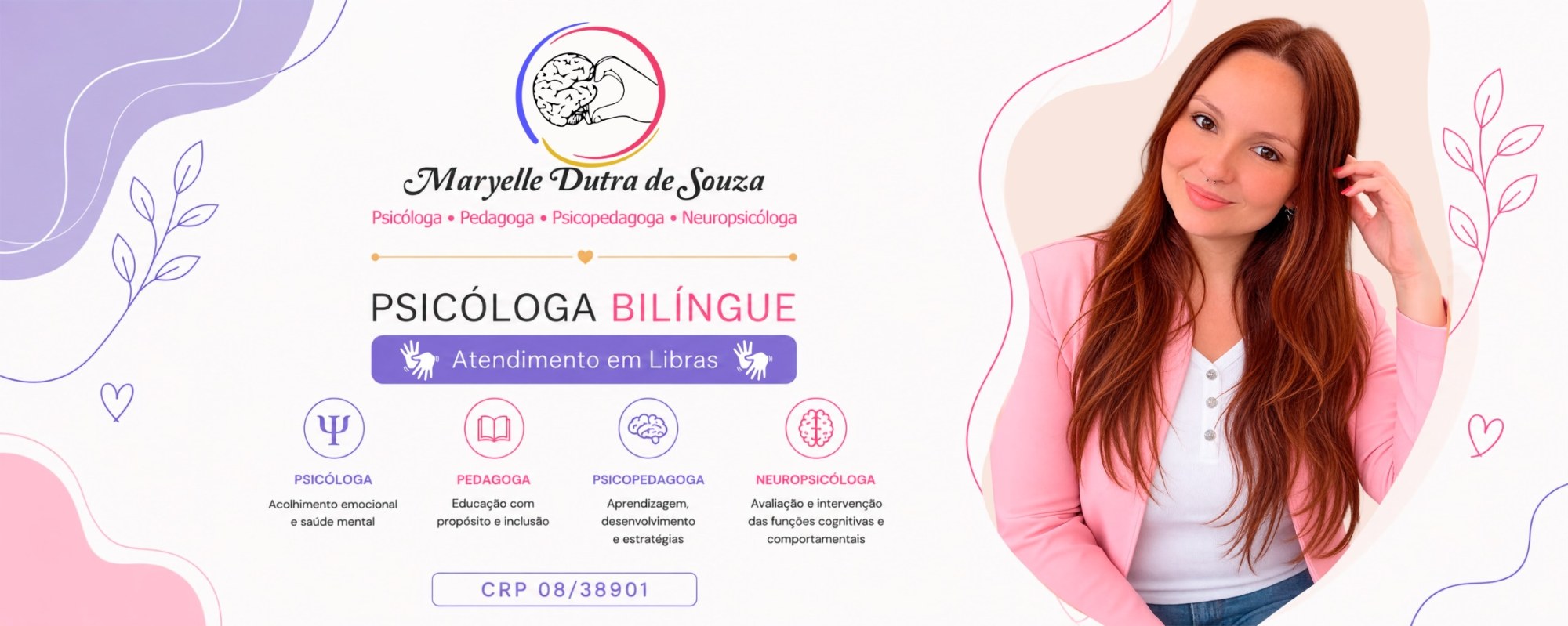Maryelle Dutra de Souza, psicóloga bilíngue com atendimento em Libras: psicóloga, pedagoga, psicopedagoga e neuropsicóloga.